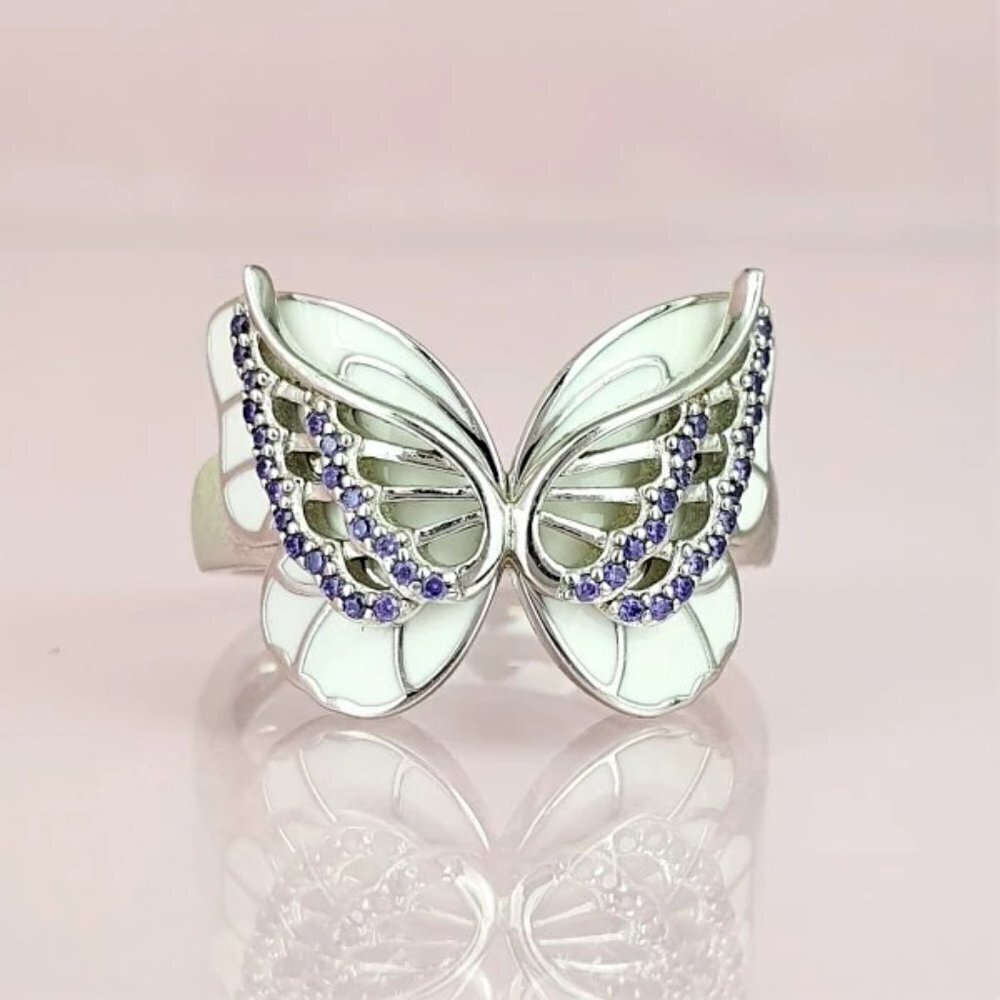 🔥Sweet White Butterfly Anillos Silver Plated Ring for Women UNVN12339